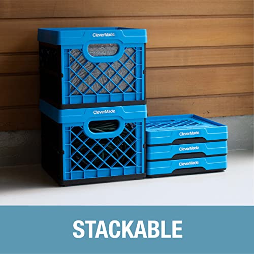 CleverMade Milk Crates, 25L Plastic Stackable/Foldable Storage Bins Pack of 3, Blue