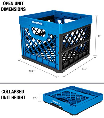 CleverMade Milk Crates, 25L Plastic Stackable/Foldable Storage Bins Pack of 3, Blue