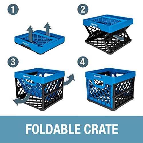 CleverMade Milk Crates, 25L Plastic Stackable/Foldable Storage Bins Pack of 3, Blue