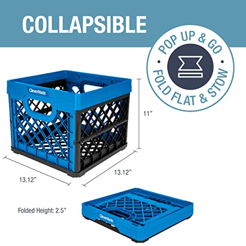 CleverMade Milk Crates, 25L Plastic Stackable/Foldable Storage Bins Pack of 3, Blue