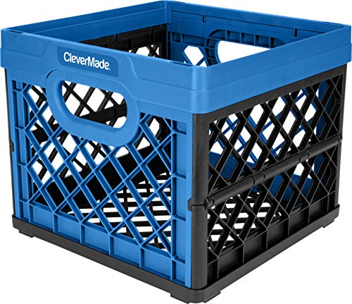 CleverMade Milk Crates, 25L Plastic Stackable/Foldable Storage Bins Pack of 3, Blue