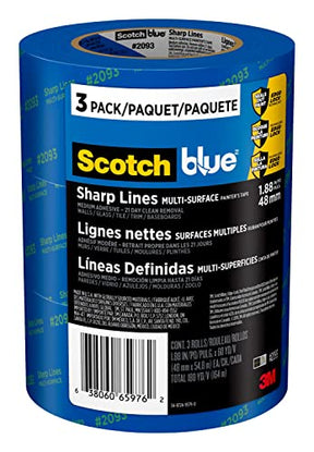 ScotchBlue Sharp Lines Multi-Surface Painter's Tape, 1.88 Inches x 60 Yards, 3 Rolls, Blue, Paint Tape Protects Surfaces and Removes Easily, Edge-Lock Painting Tape for Indoor and Outdoor Use