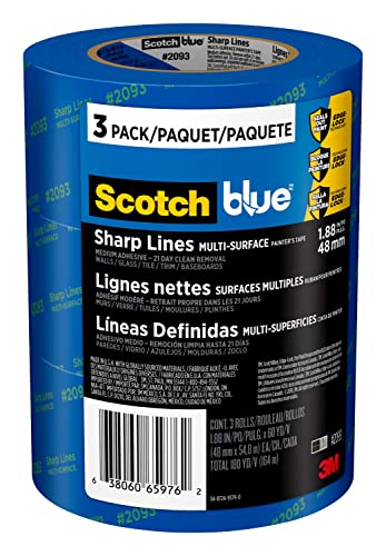 ScotchBlue Sharp Lines Multi-Surface Painter's Tape, 1.88 Inches x 60 Yards, 3 Rolls, Blue, Paint Tape Protects Surfaces and Removes Easily, Edge-Lock Painting Tape for Indoor and Outdoor Use