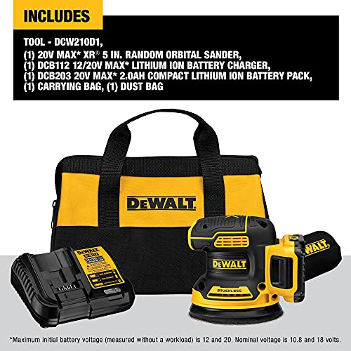 DEWALT 20V MAX* Random Orbit Sander, 5-Inch, Cordless Kit (DCW210D1) , Yellow